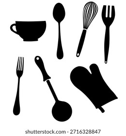 Essential kitchen utensils and cooking tools silhouettes. Cooking accessories illustration set featuring a whisk, ladle, spoon, and oven mitt