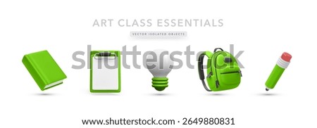 Essential Learning 3D Icons Including Book, Clipboard, Light Bulb, Backpack, And Pencil. Great For Education, Study Tools, And School Design Projects. Vector Illustration.