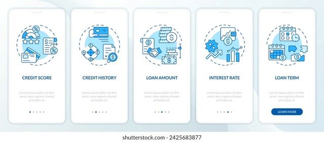 Essential lending elements blue onboarding mobile app screen. Peer-to-peer walkthrough 5 editable graphic instructions with linear concepts. UI, UX, GUI template. Myriad Pro-Bold, Regular fonts used