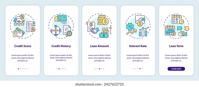 Essential lending elements onboarding mobile app screen. Peer-to-peer walkthrough 5 steps editable graphic instructions with linear concepts. UI, UX, GUI template. Myriad Pro-Bold, Regular fonts used