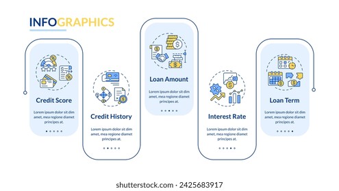 Plantilla infográfica de rectángulo de elementos esenciales de préstamo. De igual a igual. Visualización de datos con 4 pasos. Gráfico de información de línea de tiempo editable. Diseño de flujo de trabajo con iconos de línea. Lato-Bold, fuentes normales utilizadas