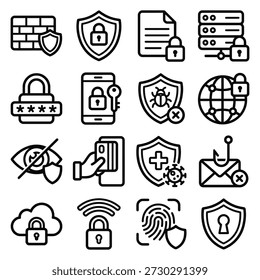 Un paquete de iconos de línea esencial que ilustra varios conceptos de ciberseguridad, protección de datos y privacidad en línea, incluida la seguridad de la red, el antivirus, la autenticación digital y las transacciones seguras.