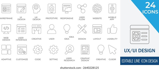 Essential line icon set for UX or UI designers featuring wireframes, prototypes, and interfaces. Perfect for illustrating user experience, mobile apps, and web design processes.