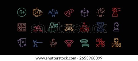 Essential line icons for board games: age, duration, strategy, luck, pieces, cards, dice, and more. Perfect for game rules, packaging, or digital UI.