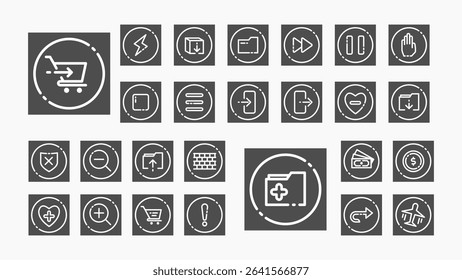 Essential line icons with circular frames for apps and web UI, covering shopping, finance, files, health, media, security, and system tools.