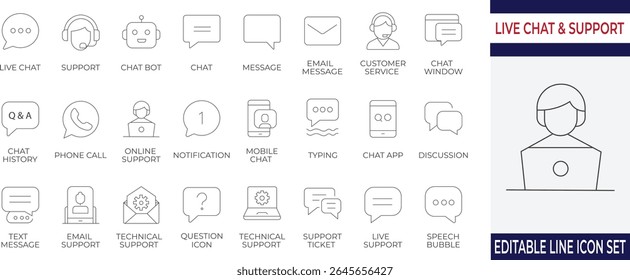 Essential line icons for live chat, chatbot, and support services. Ideal for websites, customer service apps, and tech support platforms.