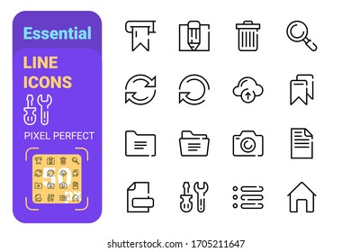 Essential line icons with perfect pixel vector illustration. Folder bin search and refresh sign flat style. Computer symbols concept. Isolated on white background