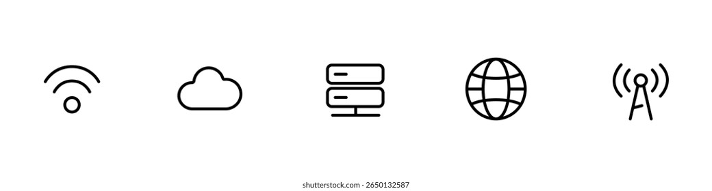 Essential Linear Network, Cloud, and Connectivity Icons: Wi-Fi, Server, Globe, and Antenna Symbols