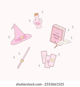 essential magic tools for witch practicing in pink theme, vector illustration