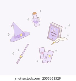 essential magic tools for witch practicing in purple theme, vector illustration