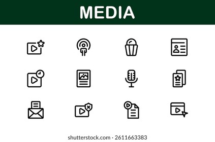 Essential Media Icon Set Vector Illustration. Includes Symbols for Media, News, Communication, and Digital Content Creation to Boost Your Designs.
