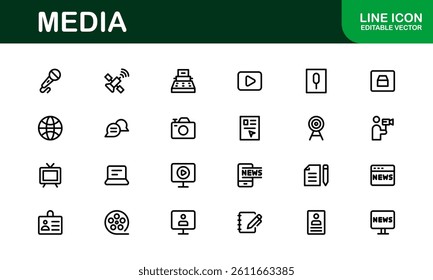 Essential Media Icon Set Vector Illustration. Includes Symbols for Media, News, Communication, and Digital Content Creation to Boost Your Designs.