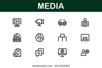 Essential Media Icon Set Vector Illustration. Includes Symbols for Media, News, Communication, and Digital Content Creation to Boost Your Designs.