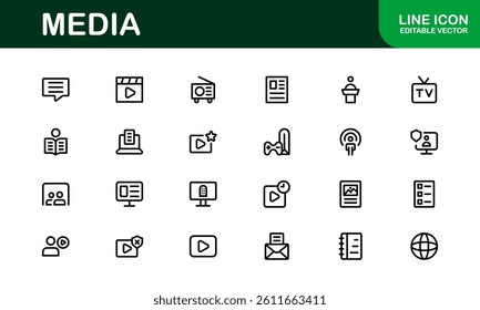 Essential Media Icon Set Vector Illustration. Includes Symbols for Media, News, Communication, and Digital Content Creation to Boost Your Designs.