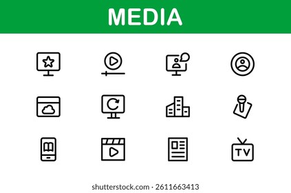 Essential Media Icon Set Vector Illustration. Includes Symbols for Media, News, Communication, and Digital Content Creation to Boost Your Designs.