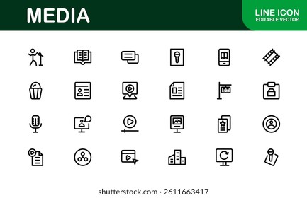 Essential Media Icon Set Vector Illustration. Includes Symbols for Media, News, Communication, and Digital Content Creation to Boost Your Designs.