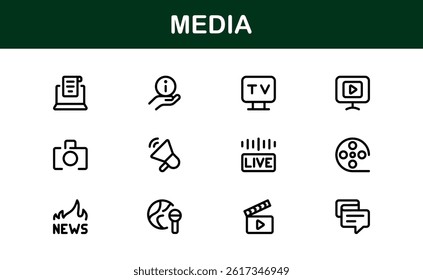 Essential Media Icon Set Vector Illustration. Includes Symbols for Media, News, Communication, and Digital Content Creation to Boost Your Designs.