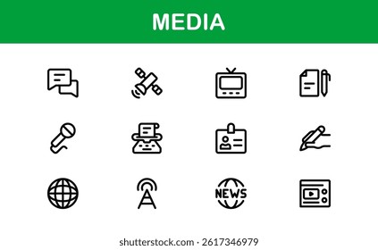 Essential Media Icon Set Vector Illustration. Includes Symbols for Media, News, Communication, and Digital Content Creation to Boost Your Designs.