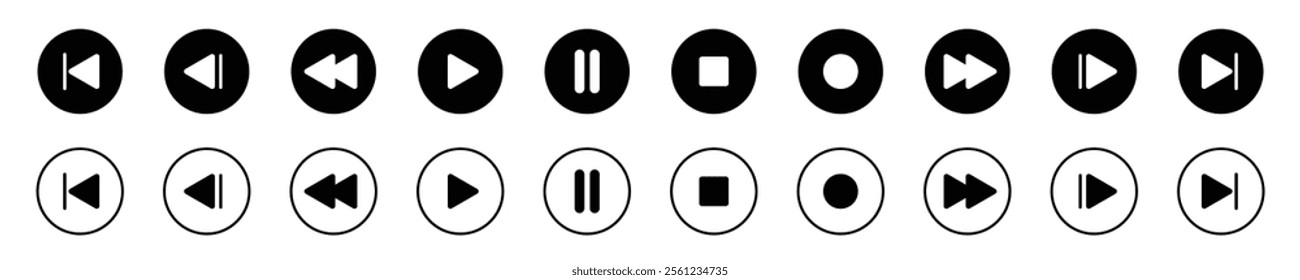 Essential Media Player Button Set for ui design, vector illustration, Play, Pause, next, and record.