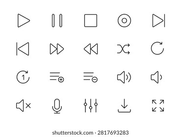 Essential media player outline icons are designed for intuitive audio and video control in digital applications. These modern symbols cover play, pause, stop, and volume functions, ensuring a seamless user experience. Clean, scalable design is ideal for various devices, from web to mobile platforms.