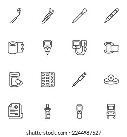 Essential medical equipment line icons set, outline vector symbol collection, linear style pictogram pack. Signs, logo illustration. Set includes icons as dental mirror, diabetes glucose meter, pills