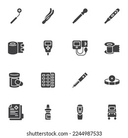 Essential medical equipment vector icons set, modern solid symbol collection, filled style pictogram pack. Signs, logo illustration. Set includes icons as dental mirror, diabetes glucose meter, pills