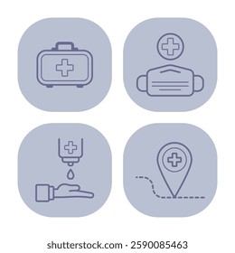 Essential medical icons including first aid kit, face mask, hand hygiene, and healthcare location marker. Key healthcare concepts