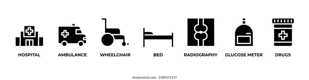 Essential Medical Icons  Icons set vector illustration with HOSPITAL, AMBULANCE, WHEELCHAIR, BED, RADIOGRAPHY, GLUCOSE METER, DRUGS