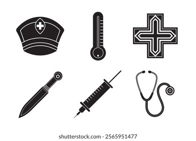 Essential Medical Tools Silhouette Bundle Stethoscope Syringe Nurse Cap Medical Cross Scalpel Thermometer