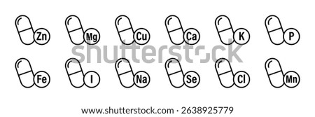 Essential minerals including Zn, Mg, Cu, Ca, K, P, Fe, I, Na, Se, Cl, and Mn, on white background, symbolizing nutrition, supplements, and health care.
