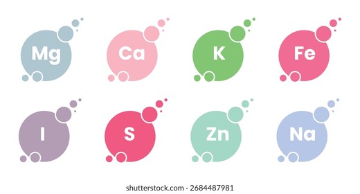 conjunto de ícones de minerais essenciais e vitaminas. magnésio, cálcio, potássio, ferro, iodo, enxofre, zinco, sódio, mineral, vitamina, símbolo nutricional. ilustração vetorial 