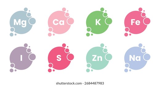 Conjunto de iconos de vitaminas y minerales esenciales: magnesio, calcio, potasio, hierro, yodo, azufre, zinc, sodio, mineral, vitamina, nutrición. Ilustración vectorial 