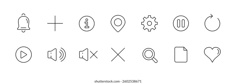 Essential minimalist icon set for web and apps - notification, search, love - vector.