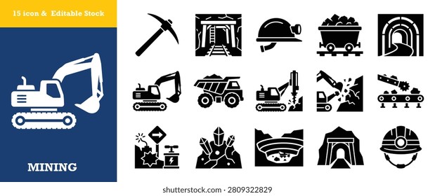 Essential mining equipment collection featuring solid glyph icons for heavy excavation and underground geology operations including machinery and safety gear for industrial work.