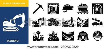 Essential mining equipment collection featuring solid glyph icons for heavy excavation and underground geology operations including machinery and safety gear for industrial work.