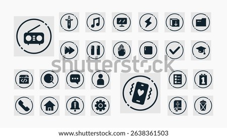 Essential monochrome icons for apps and interfaces, covering education, media, tools, files, communication, and mobile notifications.