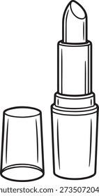 Essential monochrome outline drawing of an open lipstick tube, ideal for beauty blogs, makeup tutorials, or fashion branding projects.