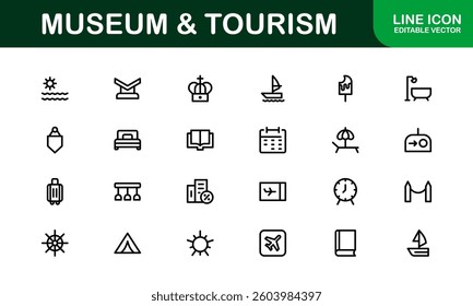 Essential Museum and Tourism Icon Set Vector Illustration. Includes Icons for Travel, Exhibits, and Landmarks to Create Engaging and Cultural Designs.