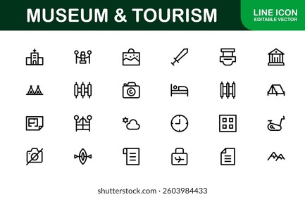 Essential Museum and Tourism Icon Set Vector Illustration. Includes Icons for Travel, Exhibits, and Landmarks to Create Engaging and Cultural Designs.