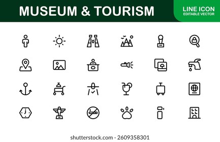 Essential Museum and Tourism Icon Set Vector Illustration. Includes Icons for Travel, Exhibits, and Landmarks to Create Engaging and Cultural Designs.
