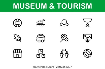 Essential Museum and Tourism Icon Set Vector Illustration. Includes Icons for Travel, Exhibits, and Landmarks to Create Engaging and Cultural Designs.