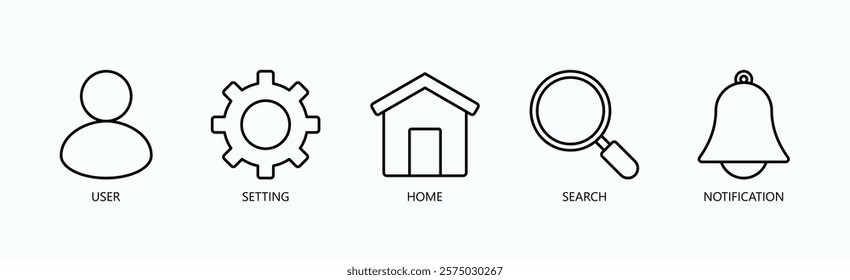 Essential Navigation Icon Set Isolated Vector With Icon Of User, Setting, Home, Search, Notification In Outline Style