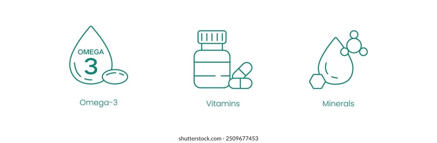 Ícones Vetoriais de Nutrientes Essenciais: Omega-3, Vitaminas e Minerais