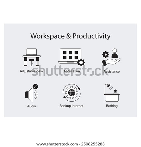 Essential Office and Lifestyle Tools Adjustable Desk, Application, Assistance, Audio, Backup Internet, Bathing, icons