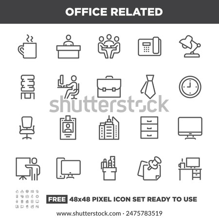 Essential Office Related Simple Vector Line Icons. Contains such Icons as Business Meeting, Workplace, Office Building, Reception Desk and more. Free 48x48 Pixel Ready To Use.