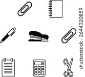 Essential Office Supplies Icons Pen, Stapler, Scissors, Calculator, Paperclips, Notebook
