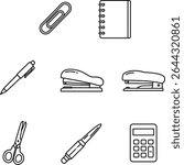 Essential Office Supplies Icons Pen, Stapler, Scissors, Calculator, Paperclips, Notebook