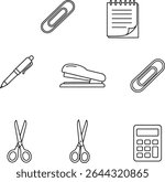 Essential Office Supplies Icons Pen, Stapler, Scissors, Calculator, Paperclips, Notebook