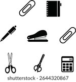 Essential Office Supplies Icons Pen, Stapler, Scissors, Calculator, Paperclips, Notebook