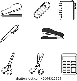 Essential Office Supplies Icons Pen, Stapler, Scissors, Calculator, Paperclips, Notebook